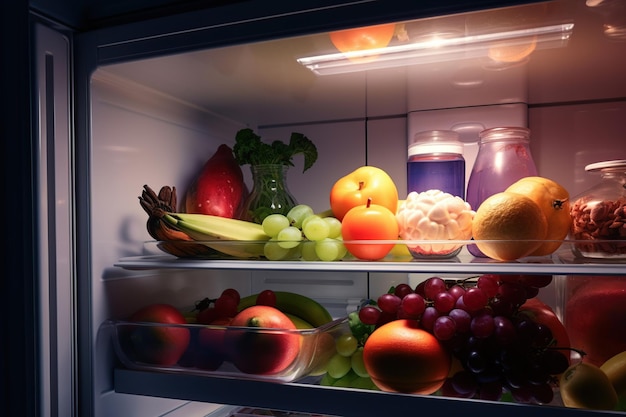 The refrigerator is open on the shelf of healthy products vegetables and fruits Diet concept generative ai