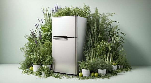 a refrigerator nestled among grass and herbs