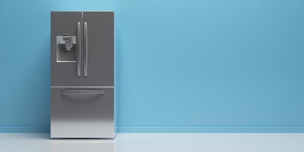 Refrigerator side by side on kitchen floor blue wall background copy space 3d illustration