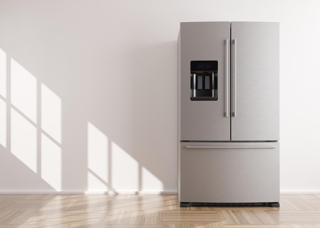 빈 방에 서 있는 냉장고 텍스트 또는 기타 개체를 위한 무료 복사 공간 가정용 전기 장비 현대 주방 가전 이중 도어가 있는 스테인리스 스틸 냉장고 냉동고 3d 렌더링