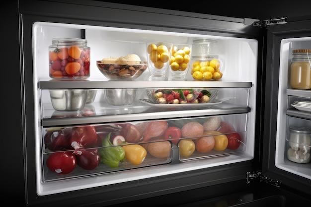 Refrigerator with clear glass doors for easy food visibility created with generative ai