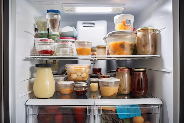 Refrigerator with clearly labeled and datestamped food items created with generative ai