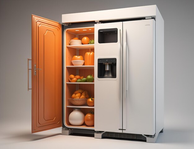 Refrigerator with orange door on gray background generative ai