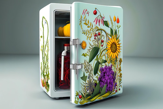 Refrigerator with painting of flowers and plants on the front of it Generative AI