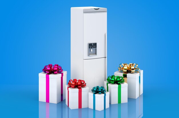 Refrigerator with presents 3D rendering isolated on blue background