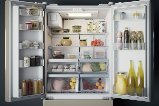 Refrigerator with various food items on display and label for each item created with generative ai