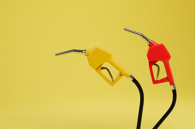 Photo refueling of cars refueling pistols on a yellow background copy paste copy space 3d render