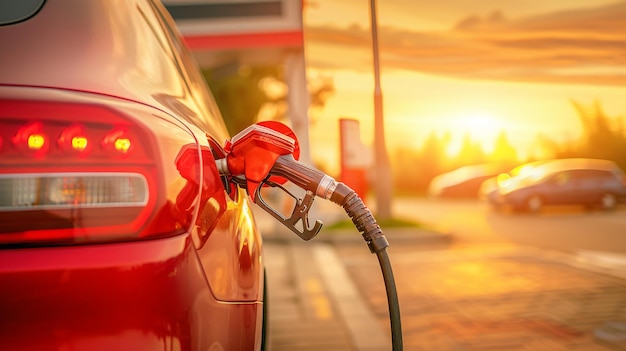 Photo refueling pistol in the gas tank of a car at a gas station