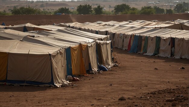 Photo a refugee camp in the desert with a lot of beige tents that have become a home for many people