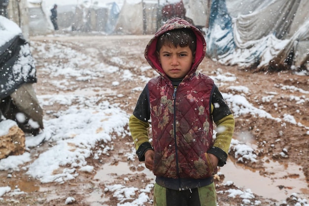 トルコ国境近くのシリア難民キャンプで雪が降る難民の子供