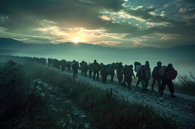 Foto crisi dei rifugiati impatto della guerra cambiamento climatico disordini politici che rivelano la catastrofe umanitaria con bambini affamati che cercano rifugio in mezzo a una crisi demografica globale campo di emigranti