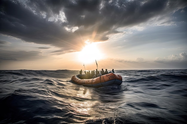 Refugees in boat crossing the sea