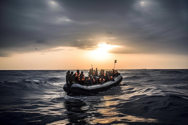 Refugees in boat crossing the sea