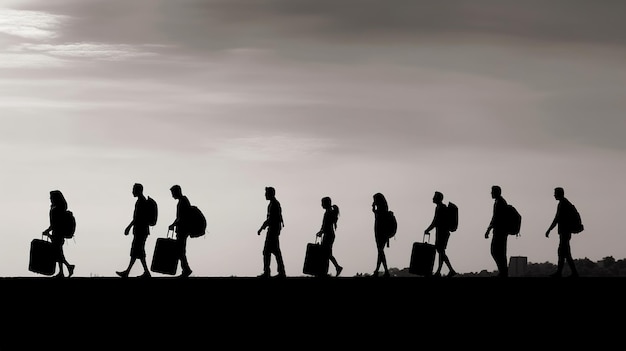 Refugees People With Luggage Walking In A Row Generative ai