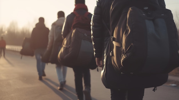 Refugees People With Luggage Walking In A Row Generative ai