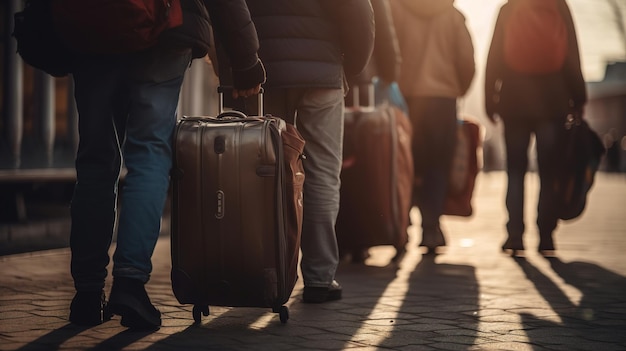 Photo refugees people with luggage walking in a row generative ai