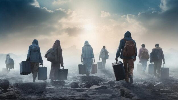 Refugees walking with bags and suitcases war zone homeless seeking asylum