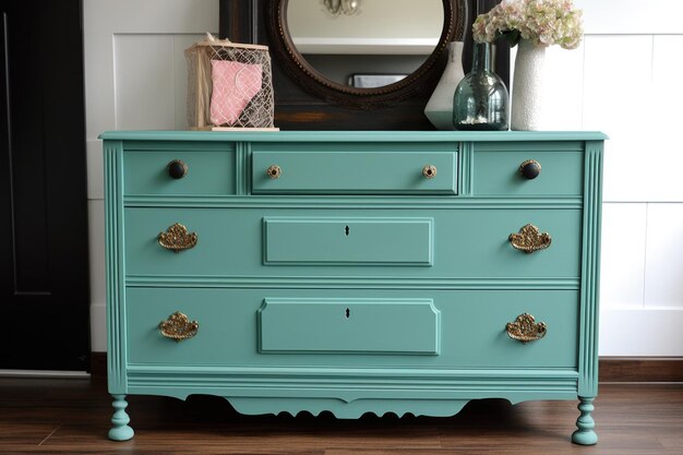 Photo refurbished vintage dresser with new knobs and drawers created with generative ai