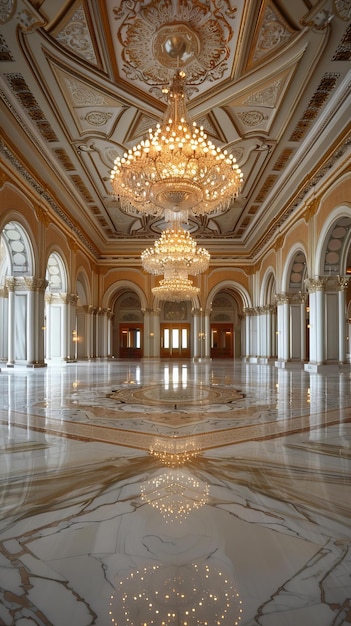 Regal ballroom interior with ornate chandeliers and a reflective marble floor Luxury venue