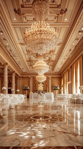 Regal ballroom interior with ornate chandeliers and a reflective marble floor Luxury venue