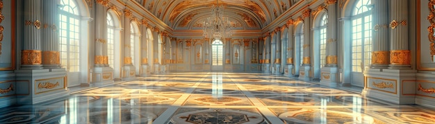 Regal ballroom with ornate details high ceilings