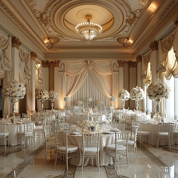 Regal ballroom with ornate details high ceilings