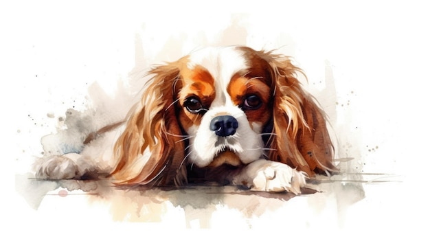 Regal Cavalier Monarch Dog in Watercolor on White Background