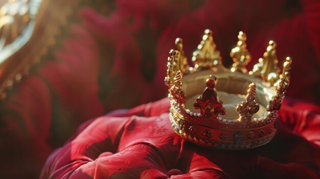 Foto corona regale su velluto cremisi bagnata da una luce drammatica che evoca opulenza e sovranità