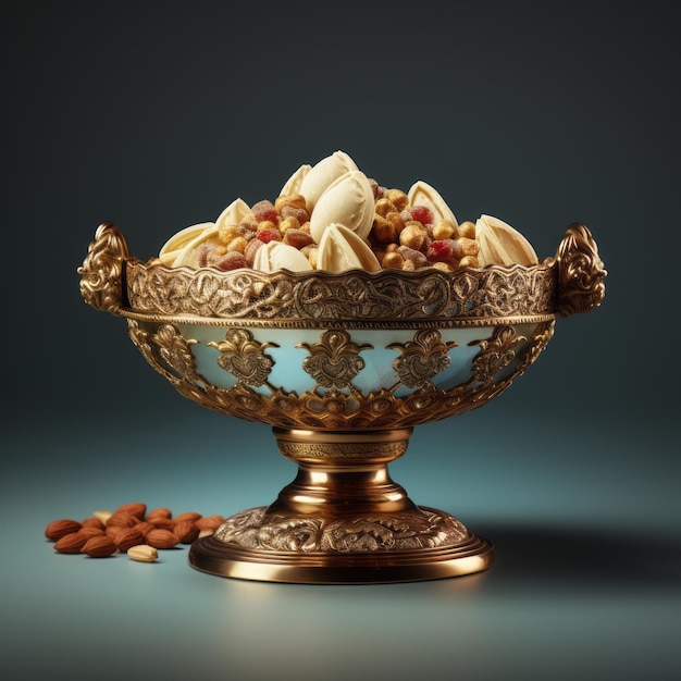 Photo regal delights a hyperealistic display of the royal brass bowl filled with dryfruits ice cream agai