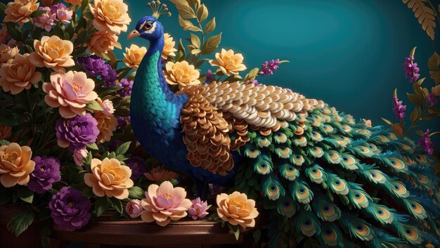 Photo regal elegance craft an image of a majestic peacock amid exotic flowers in vintage style