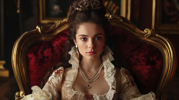 Фото Королевская элегантность герцогини, благородной женщины в роскошном историческом наряде.