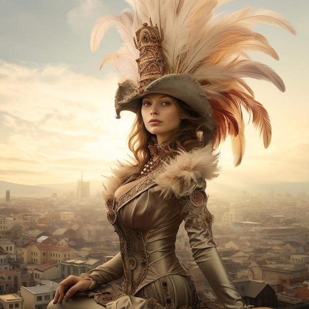 a regal girl with feathered hat