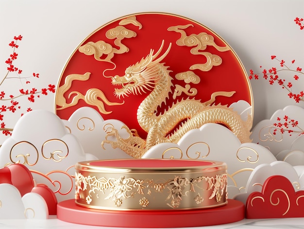 A regal golden dragon motif adorns a vibrant red backdrop with a matching decorative podium