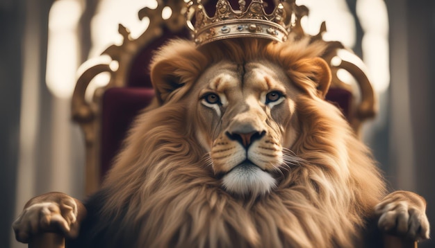 Photo regal lion in crown on throne