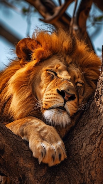 Царственный лев спит Величественный лев Серенгетис расслабляется под африканским деревом Вертикальные обои для мобильного телефона
