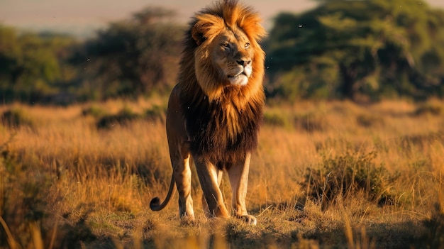 Королевский лев, гордо стоящий в африканской саване, его грива, текущая на ветру, сгенерированная ИИ иллюстрация