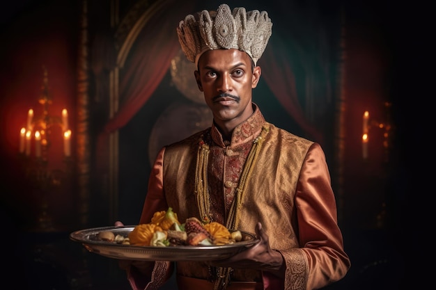 A regal man in a turban holding a silver platter