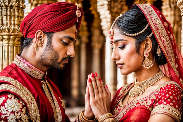 Foto regal matrimony a radiant couples sacred union beneath ornate columns celebrating ganesh chaturthi