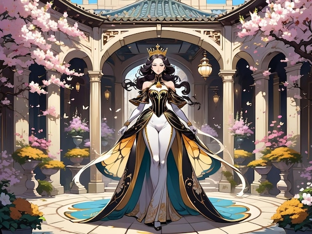 Regal monarch strolling opulent courtyard encircled by blossoming blooms