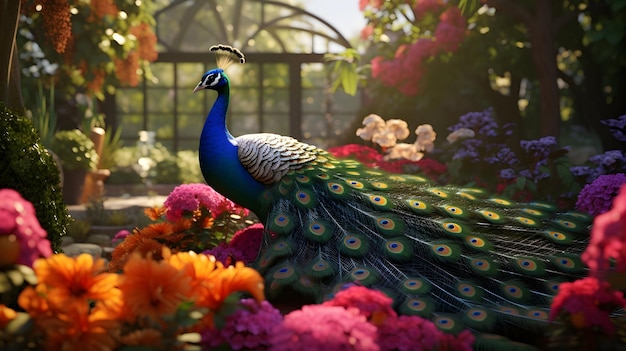 A regal peacock displaying its vibrant plumage in a lush garden