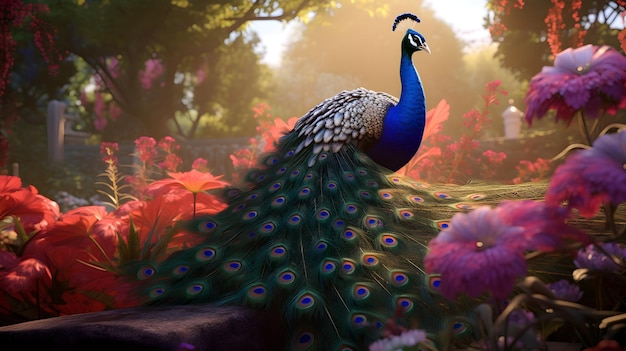 豪華 な 庭 で 鮮やかな 羽毛 を 披露 し て いる 王様 の 孔雀