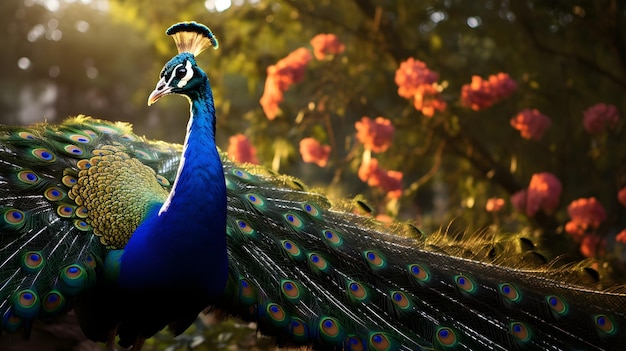 Regal peacock perched on a branch feathers fanned out in a breath taking display