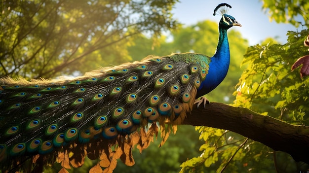 Regal peacock perched on a branch feathers fanned out in a breath taking display