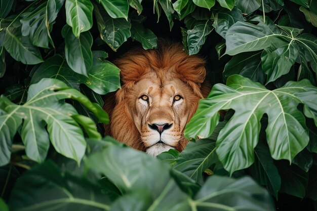 写真 密集 し た 葉っぱ から 出現 し て いる 王様 の ピーク ライオン