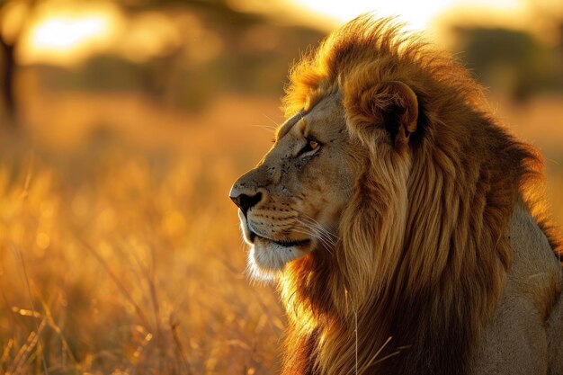 The regal profile of a lion against a golden savannah sunset