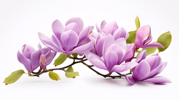 제왕의 보라색 목련 펠릭스(Magnolia felix)가 깨끗한 흰색 배경을 배경으로 전시되어 있습니다.