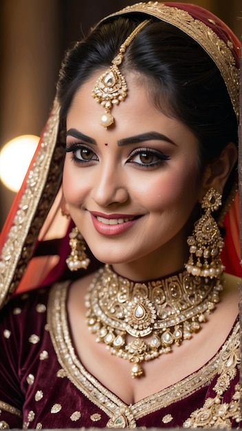 Regal Radiance Plus Size Indian Bride Dazzles in Maroon Lehenga and Ornate Bridal Accessories generative ai