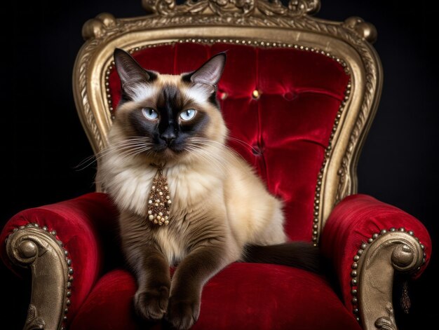 Foto gatto siamese regale posato su una sedia lussuosa