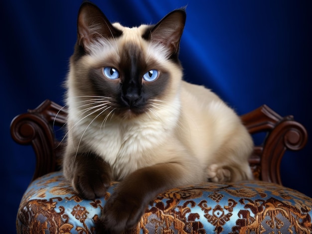 Photo regal siamese cat posed on a luxurious velvet chair