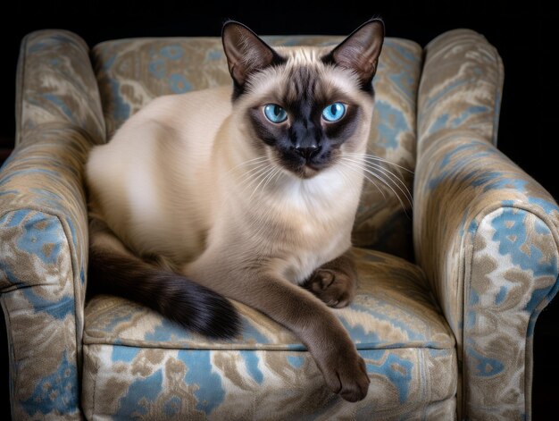 Фото Царственная сиамская кошка позировала на роскошном кресле